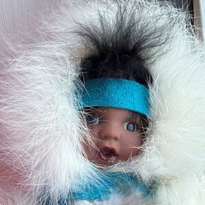 Vintage Handmade Native American Doll with White Fur & feathers